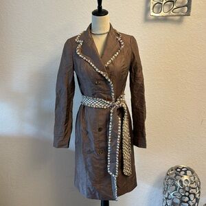 Rene Ruiz trench coat dress with fringe accents, no size tag, see measurements.